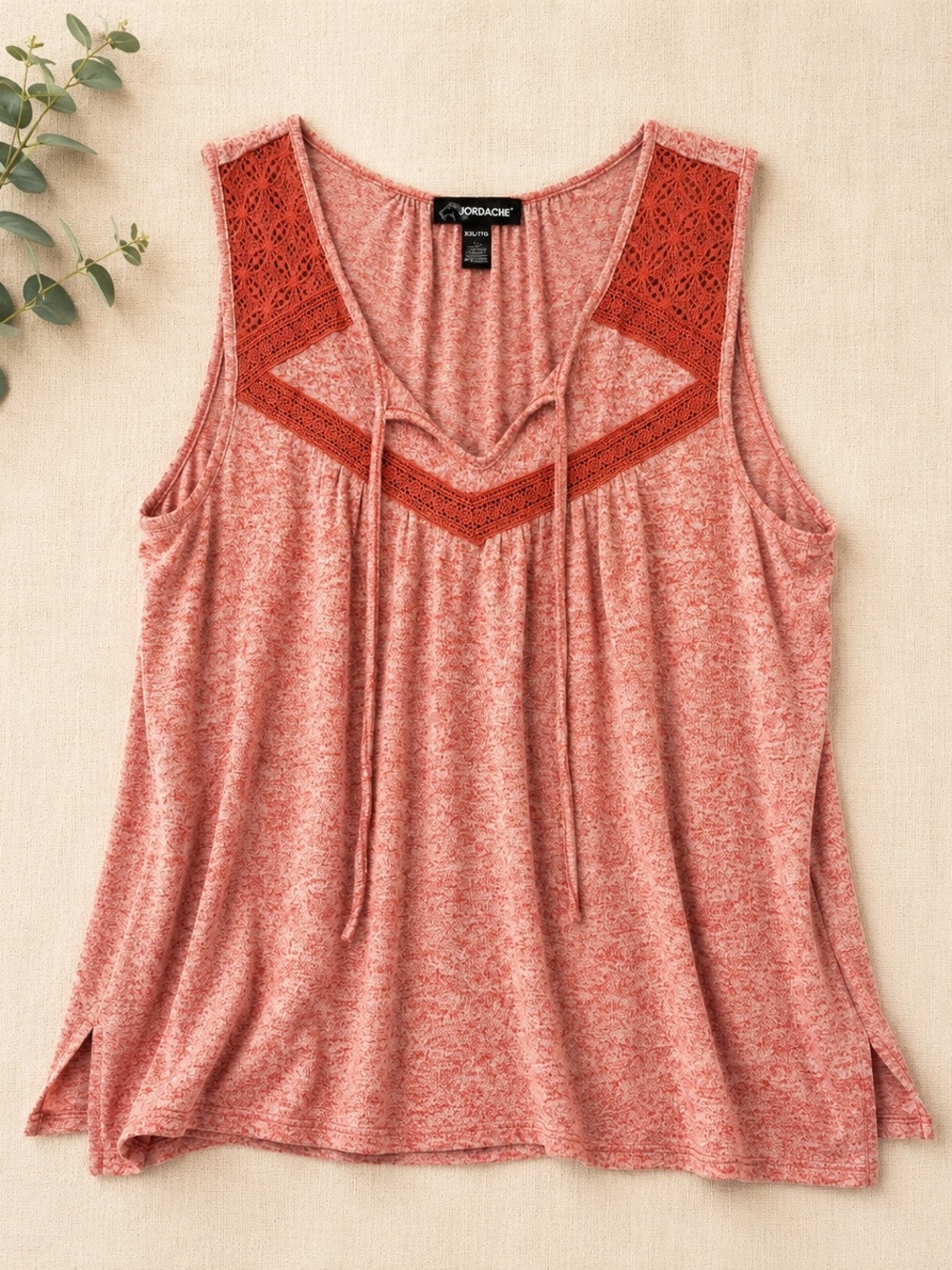 Jordache Clay Coral Marled Tank Top Lace Yoke Boho Tunic XXL